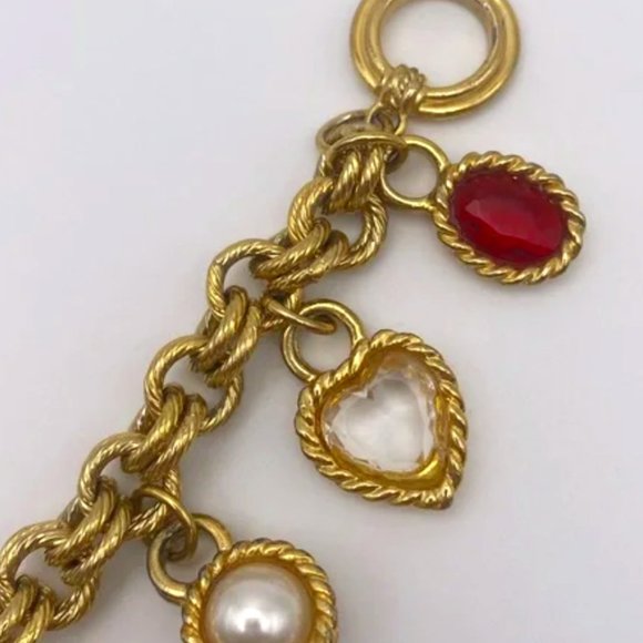 Vintage Givenchy Charm Bracelet: Gold Tone Hearts, Pearls  GIVENCHY Charm Bracelet Gold Framing Heart Oval Round Ruby Amethyst Pearl Glass